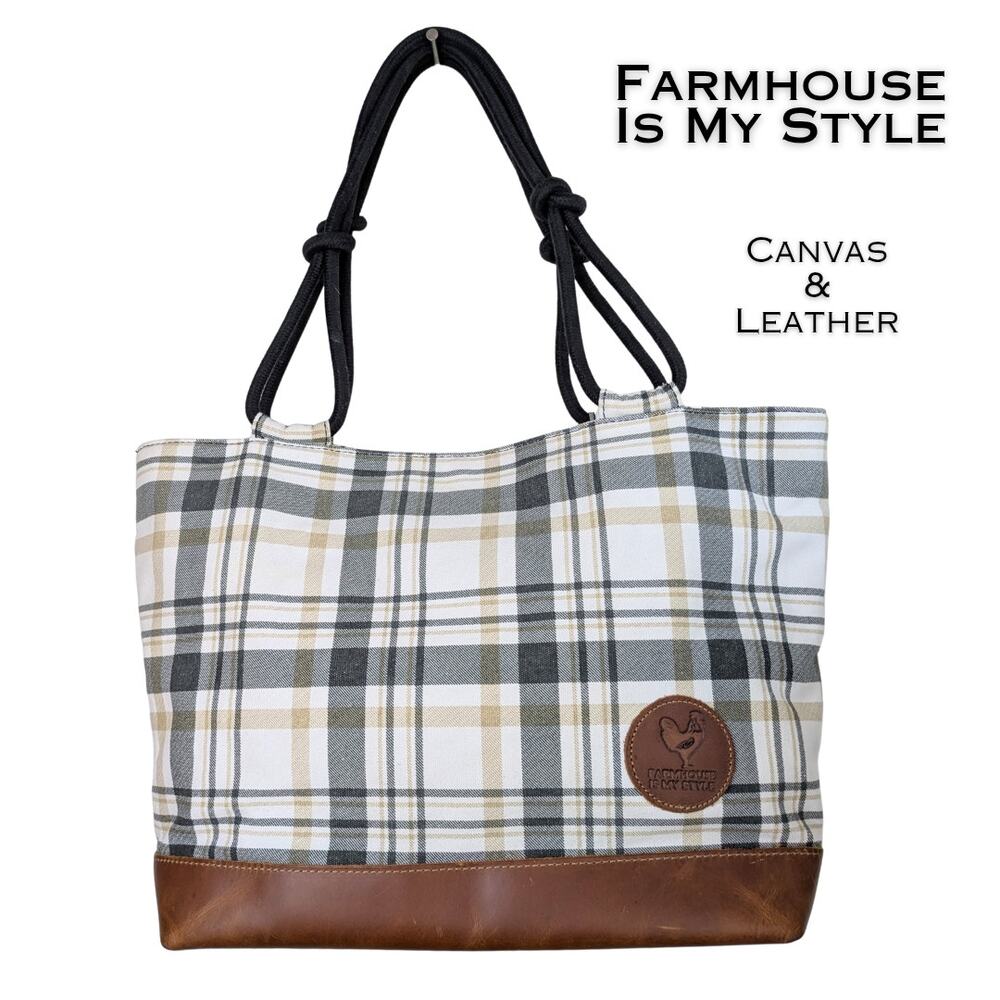 Farmhouse Is My Style Farmers Almanac Bag Tote Gray White Canvas Leather Plaid